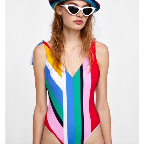 Zara Multicolour Striped One Piece Tie Swimsuit - Picture 3 of 4